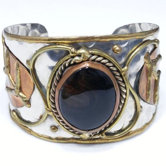 Brown Gemstone Mixed Metal Handmade Cuff Bracelet, 6 3/8 Inches - Picture 9 of 10